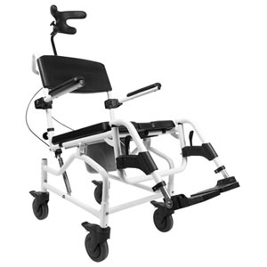 Kąpielowo-toaletowy wózek inwalidzki z odchylanym siedziskiem i zagłówkiem